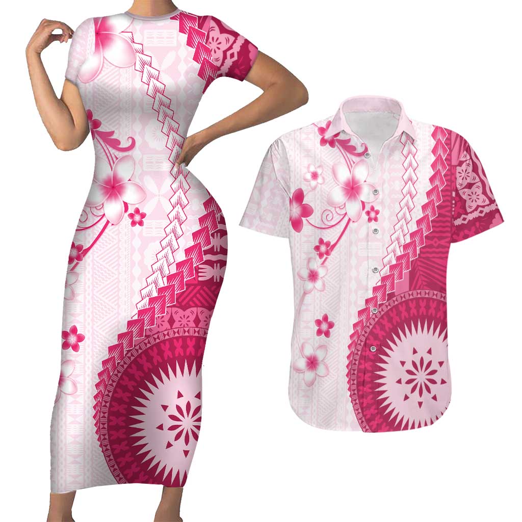 Bula Fiji Couples Matching Short Sleeve Bodycon Dress and Hawaiian Shirt Pink Plumeria Masi Tapa Pattern LT05 Pink - Polynesian Pride