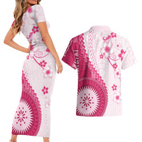 Bula Fiji Couples Matching Short Sleeve Bodycon Dress and Hawaiian Shirt Pink Plumeria Masi Tapa Pattern LT05 - Polynesian Pride