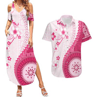 Bula Fiji Couples Matching Summer Maxi Dress and Hawaiian Shirt Pink Plumeria Masi Tapa Pattern LT05 Pink - Polynesian Pride