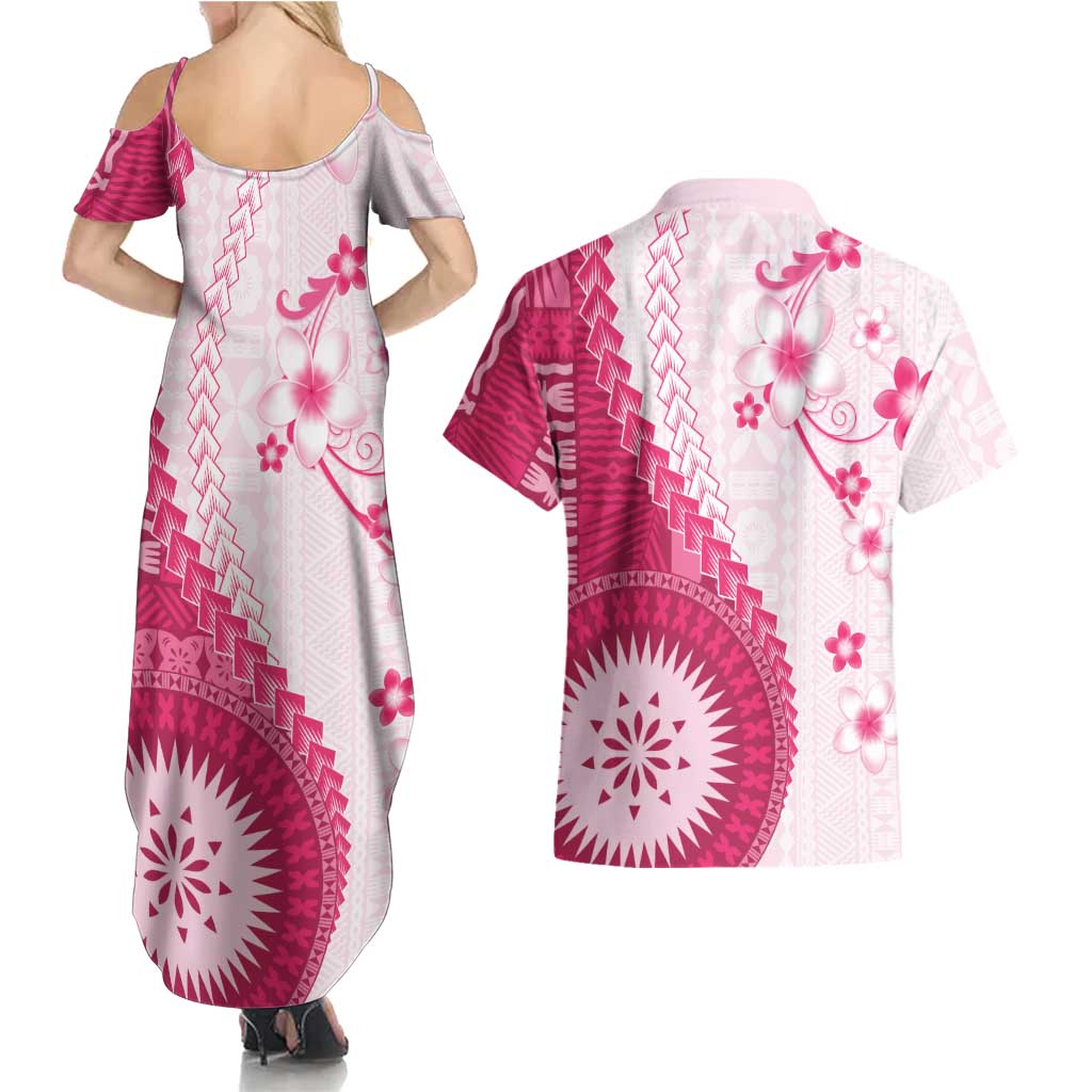 Bula Fiji Couples Matching Summer Maxi Dress and Hawaiian Shirt Pink Plumeria Masi Tapa Pattern LT05 - Polynesian Pride