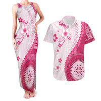 Bula Fiji Couples Matching Tank Maxi Dress and Hawaiian Shirt Pink Plumeria Masi Tapa Pattern LT05 Pink - Polynesian Pride