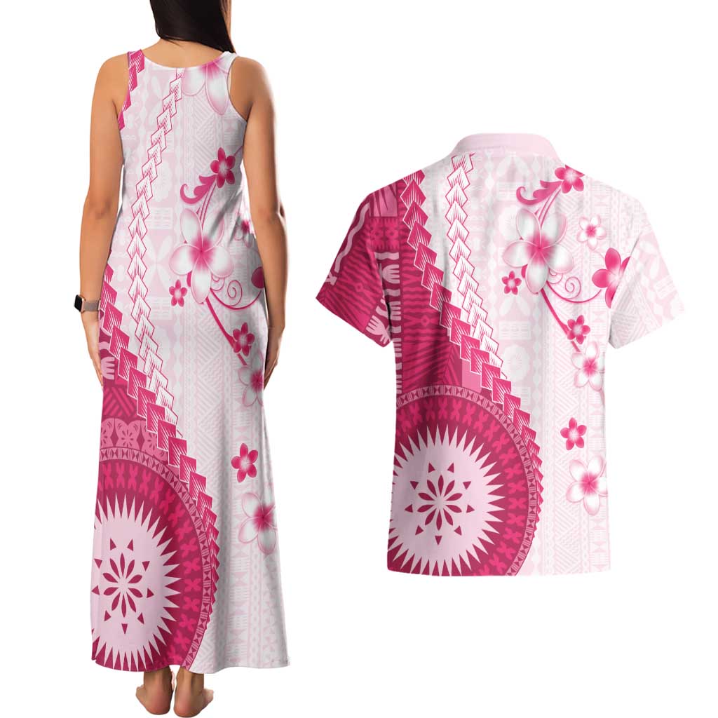 Bula Fiji Couples Matching Tank Maxi Dress and Hawaiian Shirt Pink Plumeria Masi Tapa Pattern LT05 - Polynesian Pride