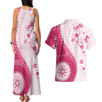 Bula Fiji Couples Matching Tank Maxi Dress and Hawaiian Shirt Pink Plumeria Masi Tapa Pattern LT05 - Polynesian Pride