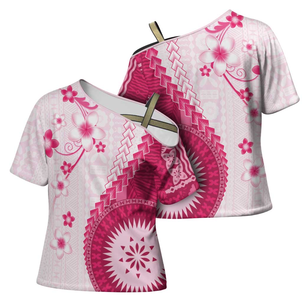 Bula Fiji Cross Shoulder Shirt Pink Plumeria Masi Tapa Pattern - Polynesian Pride