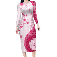 Bula Fiji Family Matching Long Sleeve Bodycon Dress and Hawaiian Shirt Pink Plumeria Masi Tapa Pattern LT05 Mom's Dress Pink - Polynesian Pride