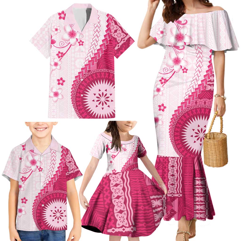Bula Fiji Family Matching Mermaid Dress and Hawaiian Shirt Pink Plumeria Masi Tapa Pattern LT05 - Polynesian Pride