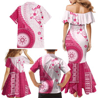 Bula Fiji Family Matching Mermaid Dress and Hawaiian Shirt Pink Plumeria Masi Tapa Pattern LT05 - Polynesian Pride