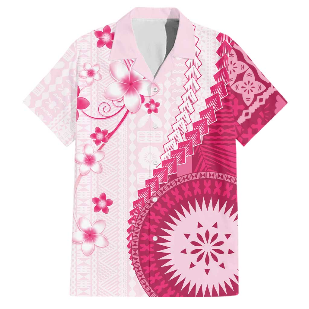 Bula Fiji Family Matching Off Shoulder Maxi Dress and Hawaiian Shirt Pink Plumeria Masi Tapa Pattern LT05 Dad's Shirt - Short Sleeve Pink - Polynesian Pride