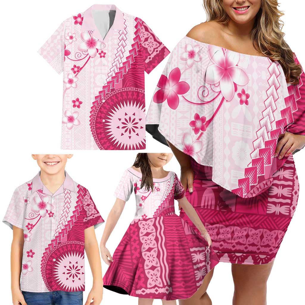 Bula Fiji Family Matching Off Shoulder Short Dress and Hawaiian Shirt Pink Plumeria Masi Tapa Pattern LT05 - Polynesian Pride