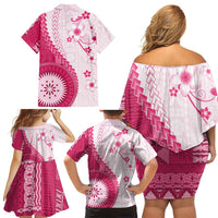 Bula Fiji Family Matching Off Shoulder Short Dress and Hawaiian Shirt Pink Plumeria Masi Tapa Pattern LT05 - Polynesian Pride