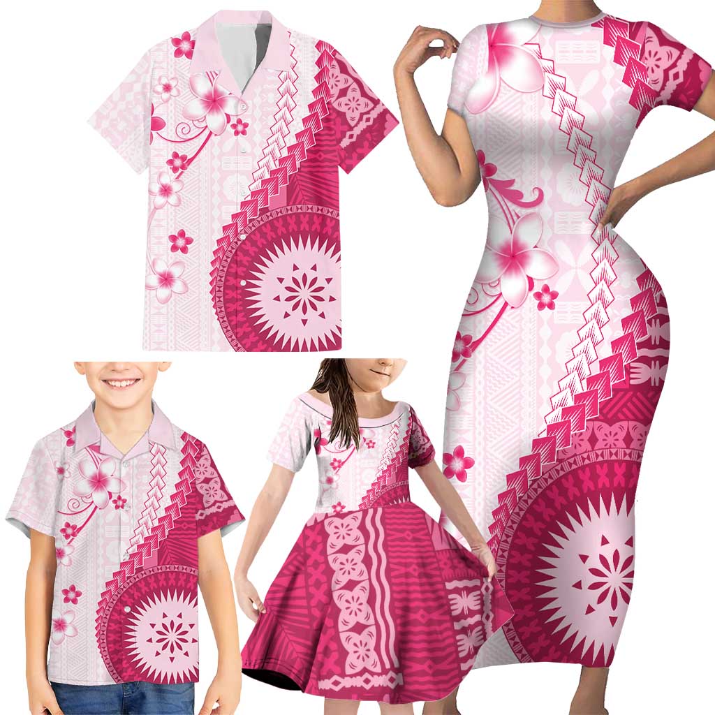 Bula Fiji Family Matching Short Sleeve Bodycon Dress and Hawaiian Shirt Pink Plumeria Masi Tapa Pattern LT05 - Polynesian Pride