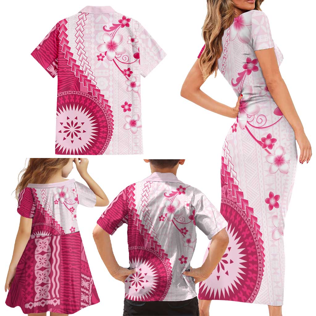 Bula Fiji Family Matching Short Sleeve Bodycon Dress and Hawaiian Shirt Pink Plumeria Masi Tapa Pattern LT05 - Polynesian Pride