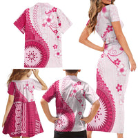 Bula Fiji Family Matching Short Sleeve Bodycon Dress and Hawaiian Shirt Pink Plumeria Masi Tapa Pattern LT05 - Polynesian Pride