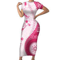 Bula Fiji Family Matching Short Sleeve Bodycon Dress and Hawaiian Shirt Pink Plumeria Masi Tapa Pattern LT05 Mom's Dress Pink - Polynesian Pride