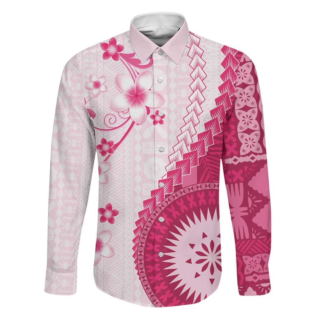Bula Fiji Family Matching Summer Maxi Dress and Hawaiian Shirt Pink Plumeria Masi Tapa Pattern LT05 Dad's Shirt - Long Sleeve Pink - Polynesian Pride