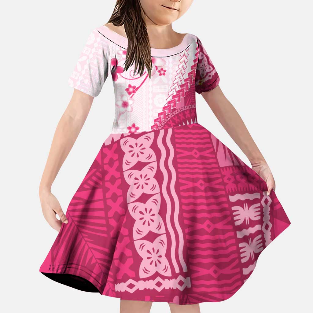 Bula Fiji Family Matching Tank Maxi Dress and Hawaiian Shirt Pink Plumeria Masi Tapa Pattern LT05 Daughter's Dress Pink - Polynesian Pride