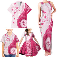 Bula Fiji Family Matching Tank Maxi Dress and Hawaiian Shirt Pink Plumeria Masi Tapa Pattern LT05 - Polynesian Pride