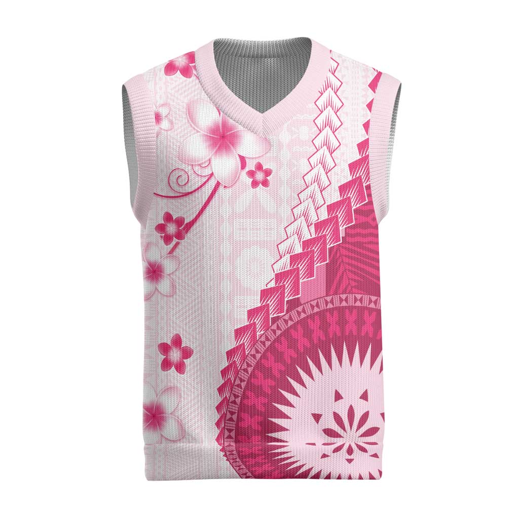 Bula Fiji Christmas Knitted V-Neck Vest Pink Plumeria Masi Tapa Pattern LT05 Pink - Polynesian Pride