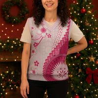 Bula Fiji Christmas Knitted V-Neck Vest Pink Plumeria Masi Tapa Pattern LT05 - Polynesian Pride