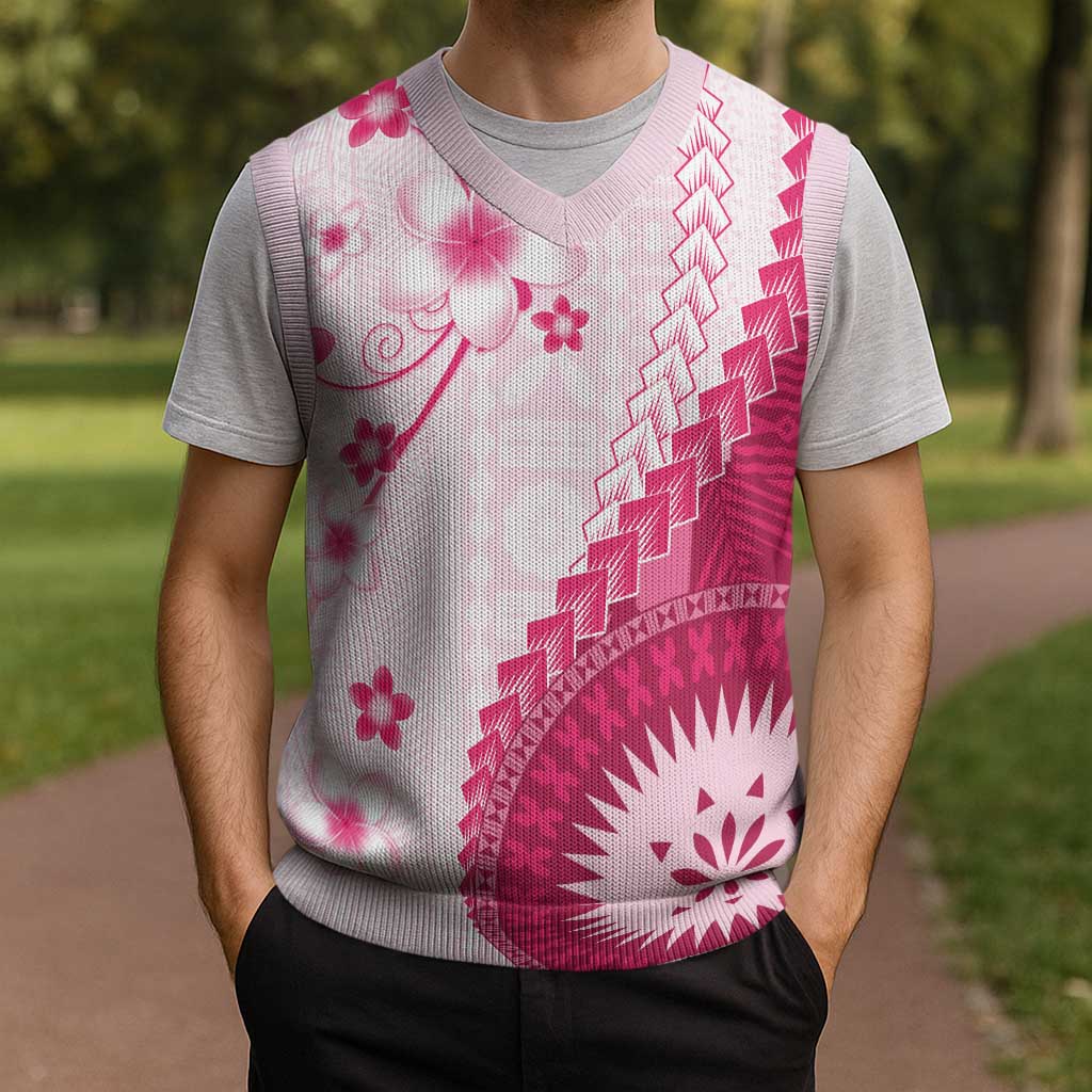 Bula Fiji Christmas Knitted V-Neck Vest Pink Plumeria Masi Tapa Pattern LT05 - Polynesian Pride