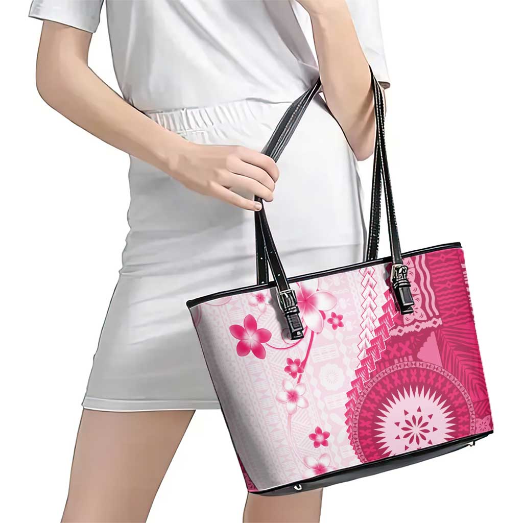 Bula Fiji Leather Tote Bag Pink Plumeria Masi Tapa Pattern LT05 - Polynesian Pride