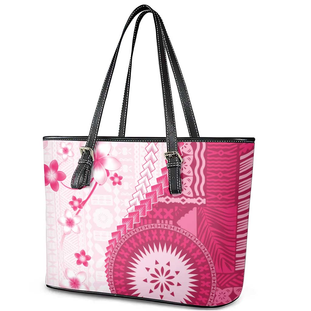 Bula Fiji Leather Tote Bag Pink Plumeria Masi Tapa Pattern LT05 - Polynesian Pride