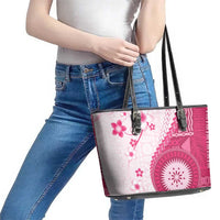 Bula Fiji Leather Tote Bag Pink Plumeria Masi Tapa Pattern LT05 - Polynesian Pride