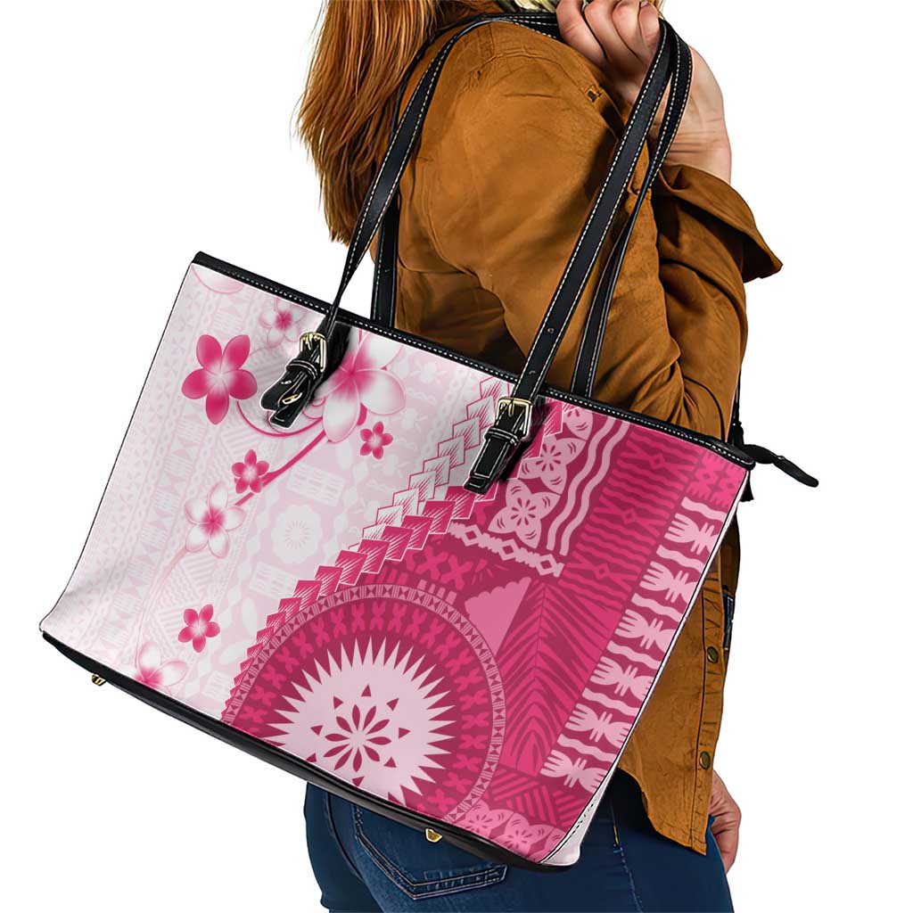 Bula Fiji Leather Tote Bag Pink Plumeria Masi Tapa Pattern LT05 - Polynesian Pride