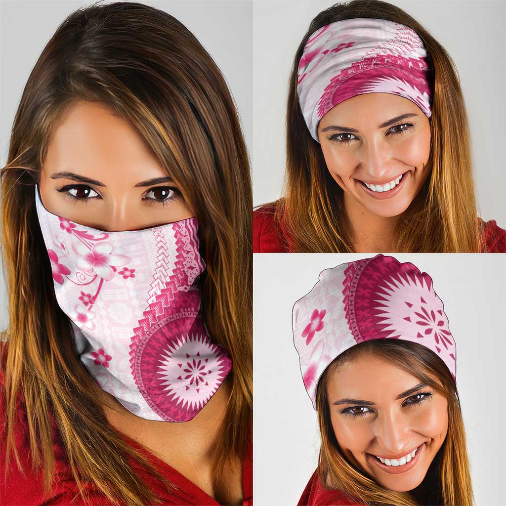 Bula Fiji Neck Gaiter Pink Plumeria Masi Tapa Pattern - Polynesian Pride