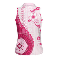 Bula Fiji Women Sleeveless Polo Shirt Pink Plumeria Masi Tapa Pattern - Polynesian Pride
