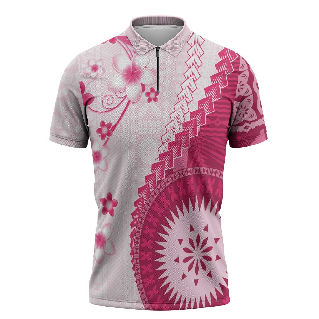Bula Fiji Zipper Polo Shirt Pink Plumeria Masi Tapa Pattern - Polynesian Pride