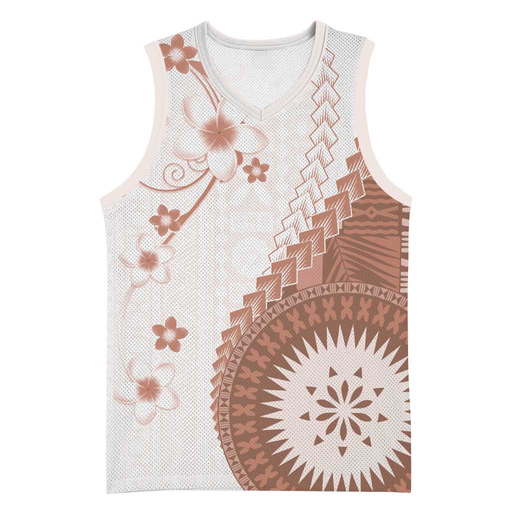 Bula Fiji Basketball Jersey Brown Plumeria Masi Tapa Pattern - Polynesian Pride