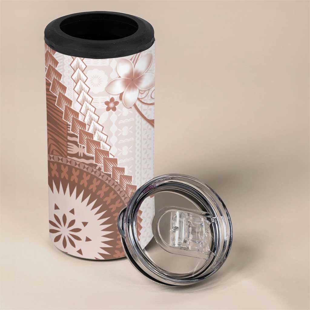 Bula Fiji 4 in 1 Can Cooler Tumbler Brown Plumeria Masi Tapa Pattern LT05 - Polynesian Pride