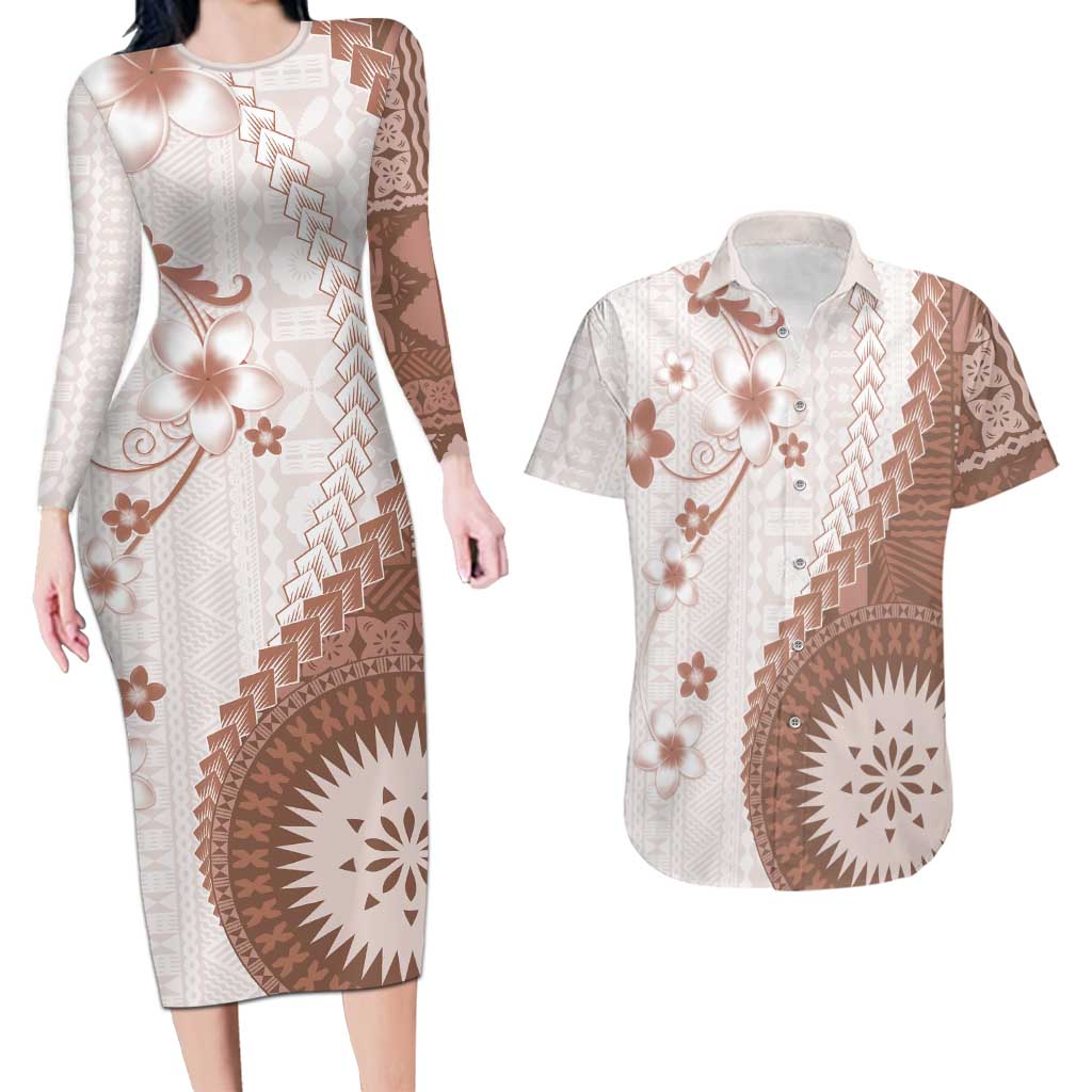 Bula Fiji Couples Matching Long Sleeve Bodycon Dress and Hawaiian Shirt Brown Plumeria Masi Tapa Pattern LT05 Brown - Polynesian Pride