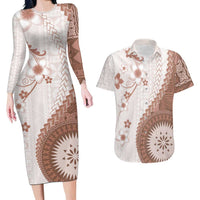 Bula Fiji Couples Matching Long Sleeve Bodycon Dress and Hawaiian Shirt Brown Plumeria Masi Tapa Pattern LT05 Brown - Polynesian Pride