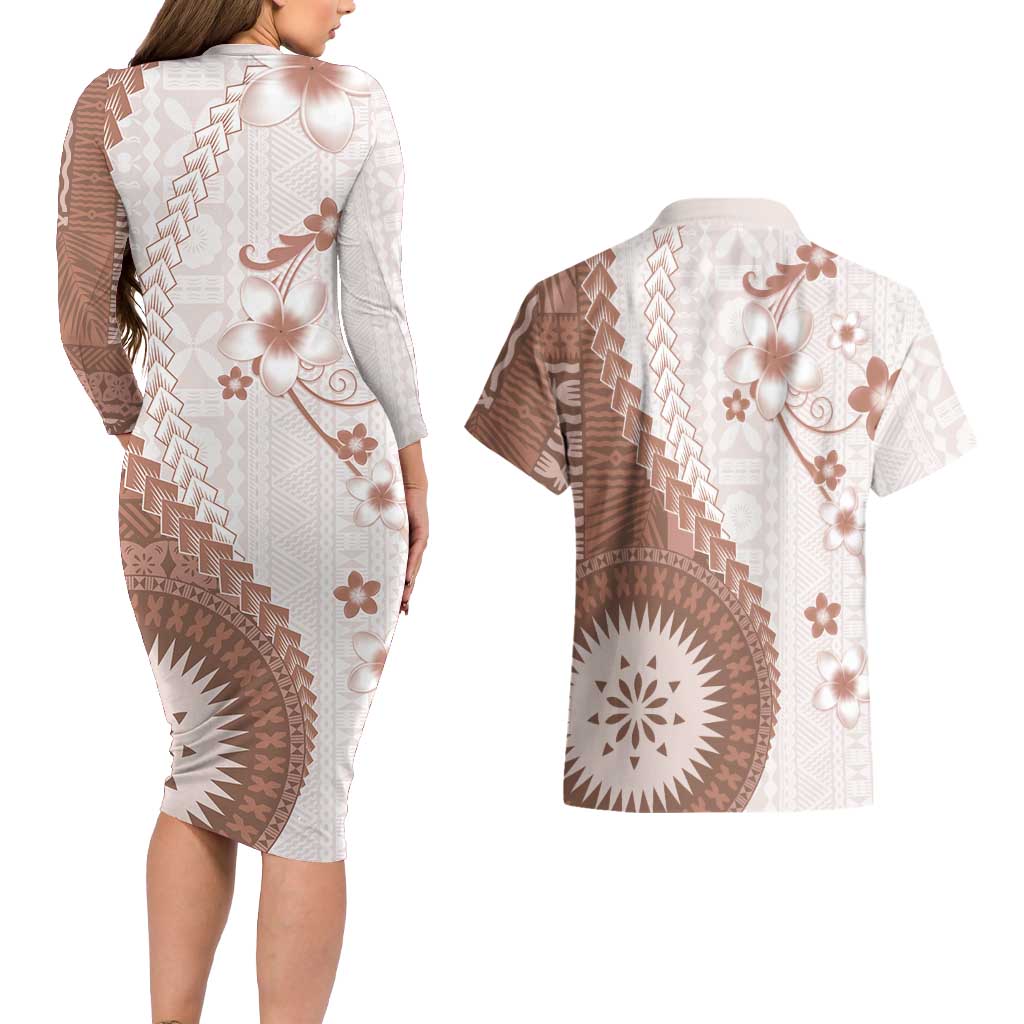 Bula Fiji Couples Matching Long Sleeve Bodycon Dress and Hawaiian Shirt Brown Plumeria Masi Tapa Pattern LT05 - Polynesian Pride
