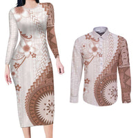 Bula Fiji Couples Matching Long Sleeve Bodycon Dress and Long Sleeve Button Shirt Brown Plumeria Masi Tapa Pattern LT05 Brown - Polynesian Pride