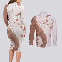Bula Fiji Couples Matching Long Sleeve Bodycon Dress and Long Sleeve Button Shirt Brown Plumeria Masi Tapa Pattern LT05 - Polynesian Pride