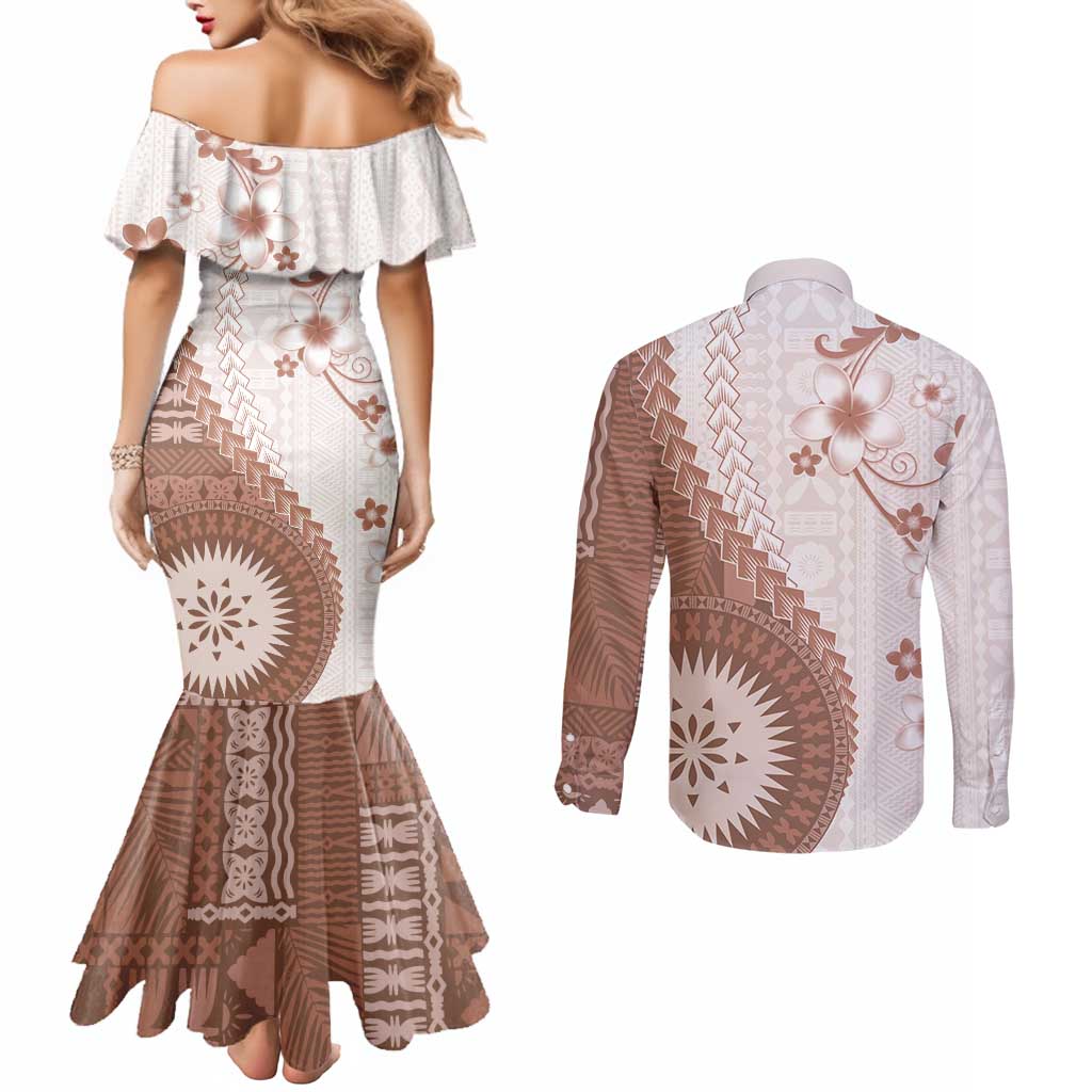 Bula Fiji Couples Matching Mermaid Dress and Long Sleeve Button Shirt Brown Plumeria Masi Tapa Pattern LT05 - Polynesian Pride