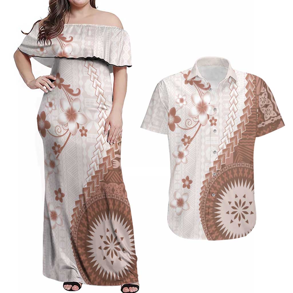 Bula Fiji Couples Matching Off Shoulder Maxi Dress and Hawaiian Shirt Brown Plumeria Masi Tapa Pattern LT05 Brown - Polynesian Pride