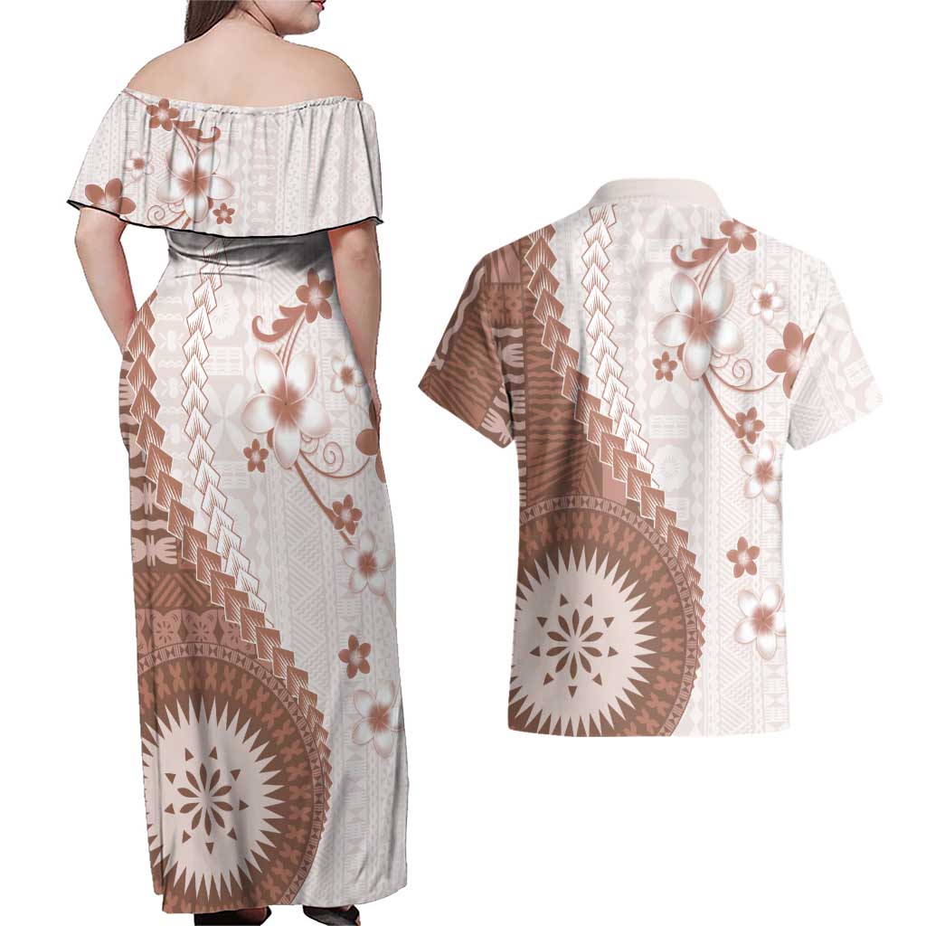 Bula Fiji Couples Matching Off Shoulder Maxi Dress and Hawaiian Shirt Brown Plumeria Masi Tapa Pattern LT05 - Polynesian Pride