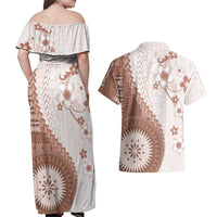 Bula Fiji Couples Matching Off Shoulder Maxi Dress and Hawaiian Shirt Brown Plumeria Masi Tapa Pattern LT05 - Polynesian Pride