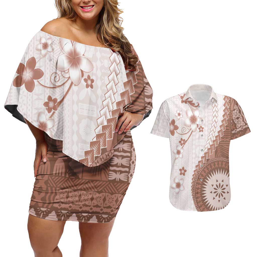 Bula Fiji Couples Matching Off Shoulder Short Dress and Hawaiian Shirt Brown Plumeria Masi Tapa Pattern LT05 Brown - Polynesian Pride