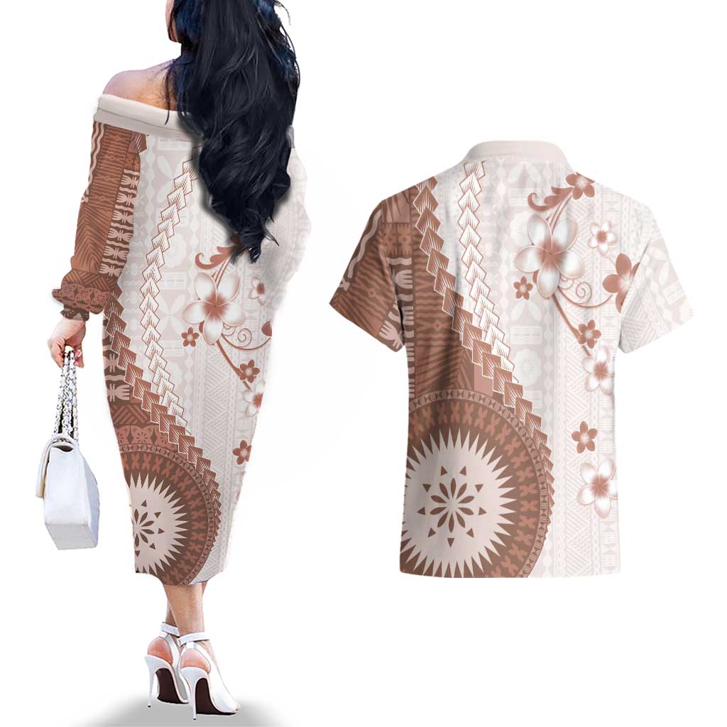 Bula Fiji Couples Matching Off The Shoulder Long Sleeve Dress and Hawaiian Shirt Brown Plumeria Masi Tapa Pattern LT05 - Polynesian Pride