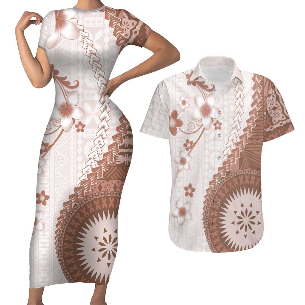 Bula Fiji Couples Matching Short Sleeve Bodycon Dress and Hawaiian Shirt Brown Plumeria Masi Tapa Pattern LT05 Brown - Polynesian Pride