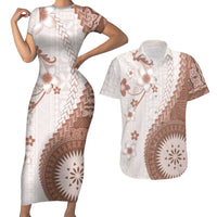 Bula Fiji Couples Matching Short Sleeve Bodycon Dress and Hawaiian Shirt Brown Plumeria Masi Tapa Pattern LT05 Brown - Polynesian Pride