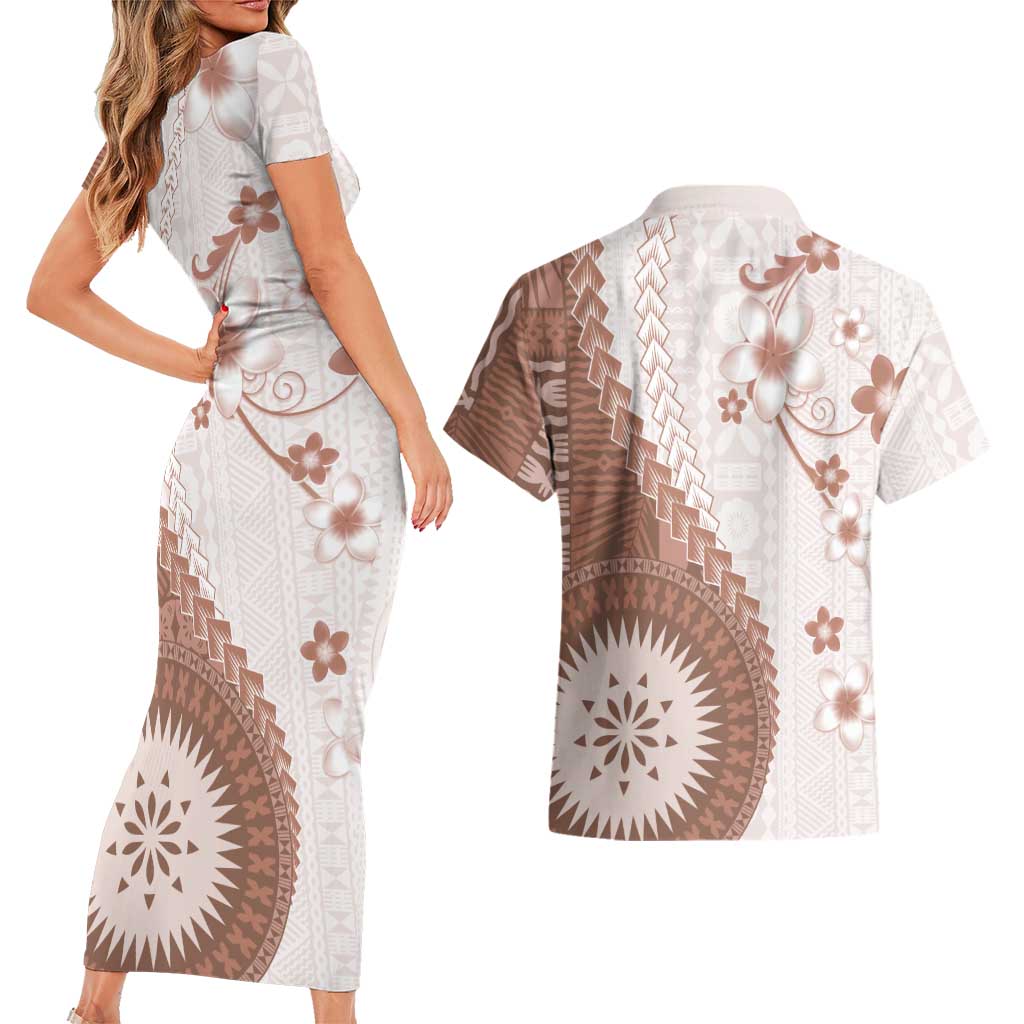 Bula Fiji Couples Matching Short Sleeve Bodycon Dress and Hawaiian Shirt Brown Plumeria Masi Tapa Pattern LT05 - Polynesian Pride