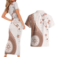 Bula Fiji Couples Matching Short Sleeve Bodycon Dress and Hawaiian Shirt Brown Plumeria Masi Tapa Pattern LT05 - Polynesian Pride