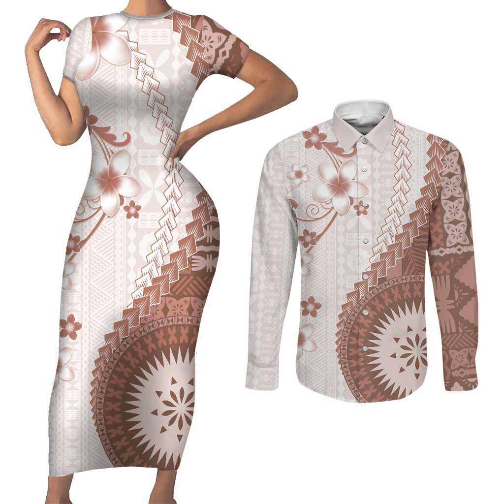 Bula Fiji Couples Matching Short Sleeve Bodycon Dress and Long Sleeve Button Shirt Brown Plumeria Masi Tapa Pattern - Polynesian Pride