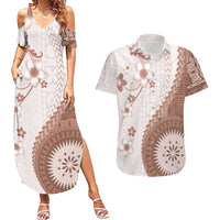 Bula Fiji Couples Matching Summer Maxi Dress and Hawaiian Shirt Brown Plumeria Masi Tapa Pattern LT05 Brown - Polynesian Pride